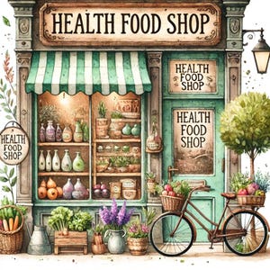 Negozio di alimenti naturali, cibo salutare, negozio biologico, negozio di benessere, mercato ecologico, prodotti naturali, mercato vegano, alimentazione sana, immagini JPG