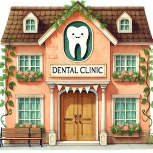 Dentista de aldeia, clipart odontológico, arte de loja de dentista, arte de clínica odontológica, dentista aquarela, arte de consultório odontológico, dente caprichoso, imagens JPG
