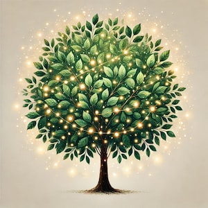 Arbre aux guirlandes lumineuses, art aquarelle, clipart d'arbre fantaisiste, arbre de forêt magique, jpg d'arbre enchanté, illustration d'arbre rougeoyant,