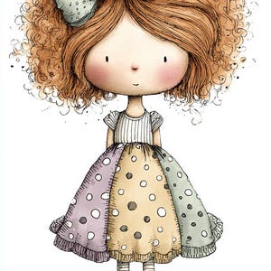 Pode incluir: Ilustração fantasiosa de uma figura semelhante a uma boneca com cabelo ruivo encaracolado e um grande laço. A figura usa um vestido de retalhos com bolinhas em lavanda, amarelo e verde. A boneca tem bochechas rosadas, meias listradas e sapatos.