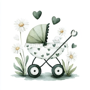 May include: Watercolor illustration of a baby carriage in soft green and white. The carriage features a heart-patterned design and is surrounded by daisies and green hearts. A small bird sits inside the carriage.