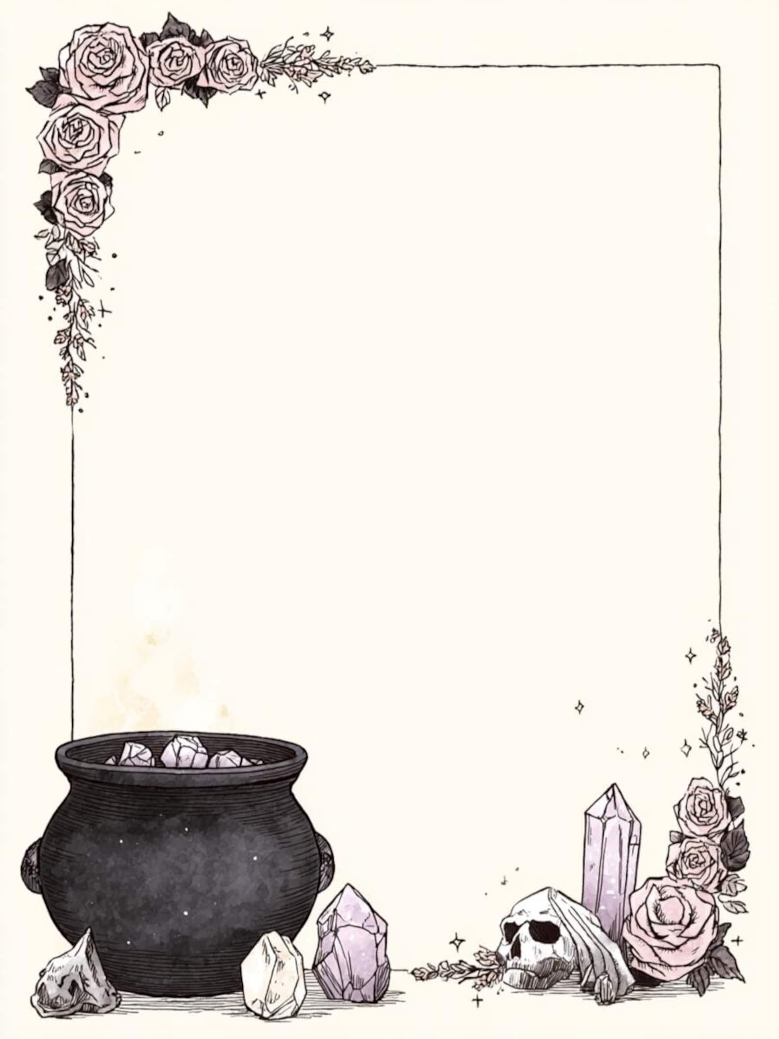 Witchy Paper, Spell Page, Crystal Border, Cauldron Art, Skull Paper ...