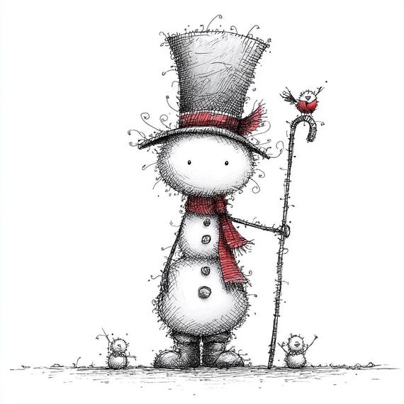 気まぐれな雪だるまのクリップアートセット、手描きの冬の紳士PNG