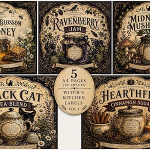 Pode incluir: Cinco etiquetas decorativas para potes de cozinha com ilustrações ornamentadas de Moon Blossom Honey, Ravenberry Jam, Midnight Mushroom Salt, Black Cat Tea Blend e Hearthfire Cinnamon Sugar, com um emblema central escrito 5 A4 PAGES JPG IMAGES WITCH'S KITCHEN LABELS VOL 1.