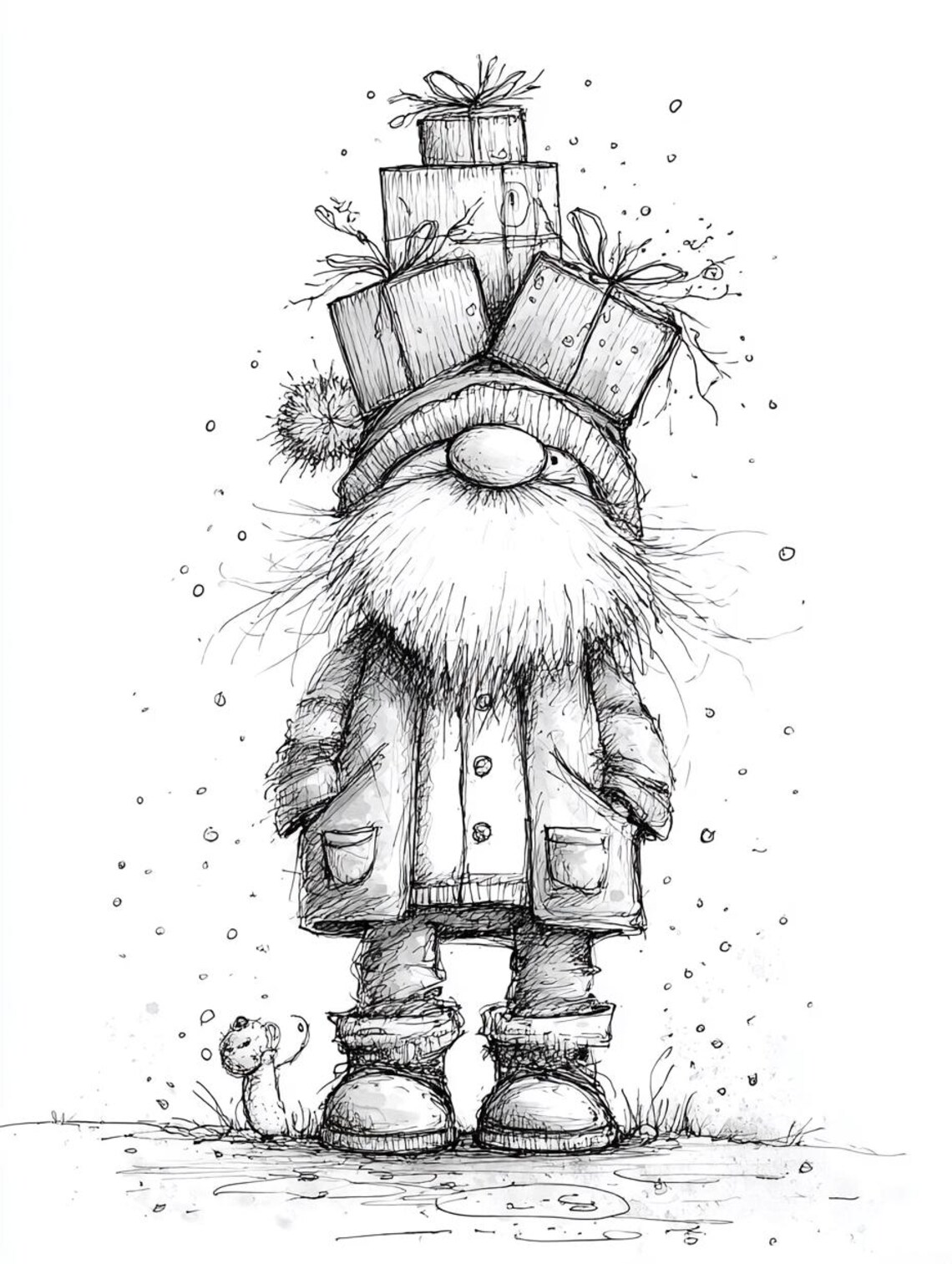 Santa Gnome Art, Xmas Doodle Art, Whimsical Santa, Gift Stack Art ...
