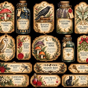 May include: A collection of rectangular and oval labels featuring vintage-style illustrations of apothecary bottles, mushrooms, a raven, an owl, a luna moth, a dragonfly, and a black cat, with text including Toadstool Tonic and Shadow Root.