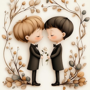 gay wedding, groom clipart, cute grooms, lgbtq couple, wedding boys, love wedding, groom tuxedo, floral frame, wedding art