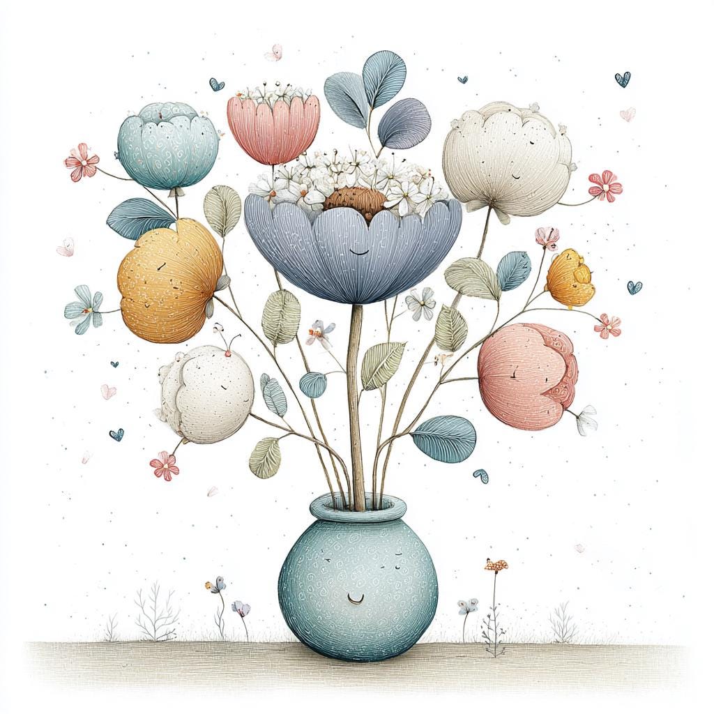 Whimsical Flower Art Print, Cute Smiling Flowers Illustration