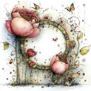 May include: Watercolor illustration featuring a central circular frame adorned with pink peonies, small red buds, and delicate butterflies. The artwork has a whimsical, fairytale aesthetic with fine line details and a soft color palette.