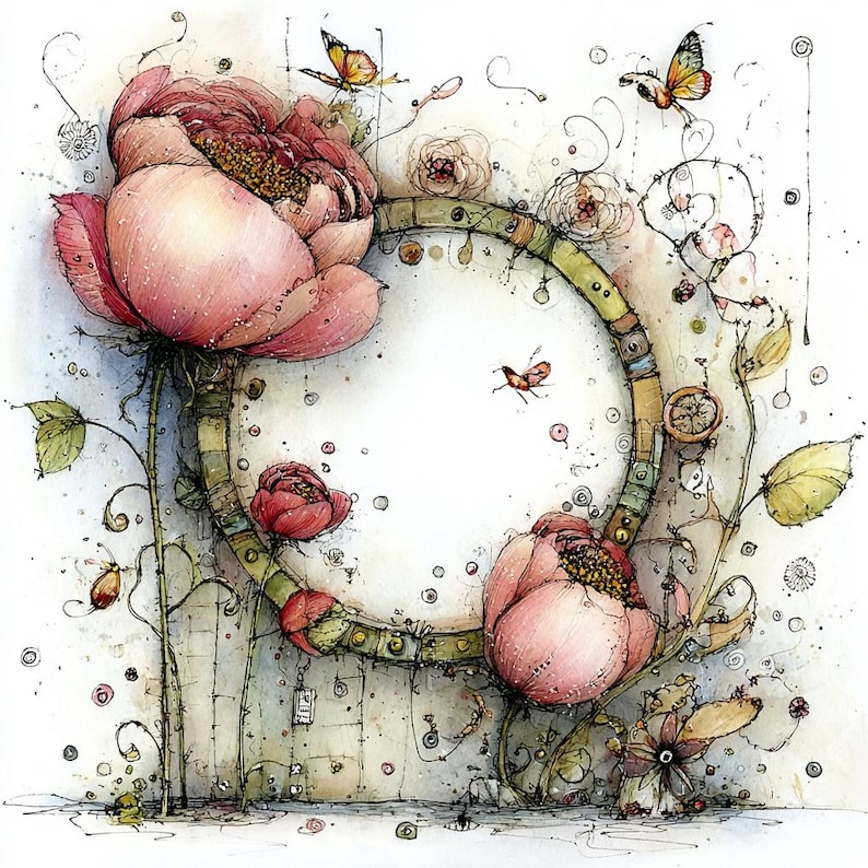 May include: Watercolor illustration featuring a central circular frame adorned with pink peonies, small red buds, and delicate butterflies. The artwork has a whimsical, fairytale aesthetic with fine line details and a soft color palette.