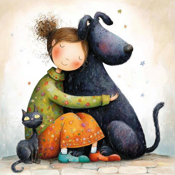 girl hug, pet love, dog art, cat art, whimsical, watercolor, cozy scene,  animal pals, heartwarming
