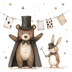 Art ours magique, lapin magicien, duo magique mignon, ensemble d'illo animaux, art de fête d'enfants, lapin haut de forme, clipart étoilé, ligne de carte magique,