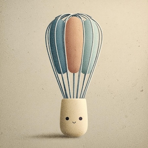 May include: A charming illustration of a whisk with a smiling face. The whisk's handle is a light beige colour, and the whisk itself is made of thin metal wires. The centre is a peach colour, with blue-green accents on either side.