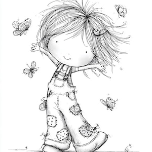 May include: A black and white illustration of a cartoon child with arms outstretched, surrounded by butterflies. The child wears patched overalls and has messy hair. The image has a whimsical, hand-drawn style.