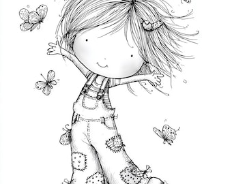 Girl with Wings, Cute Overalls, Dancing Girl Art, Butterfly Joy, Whimsy Sketch, Sweet Girl Art, Playful Kid Art, Bug Friends, Line Art Girl