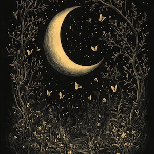 Lua dourada, arte da lua dourada, impressão do céu noturno, arte da lua crescente, arte da noite estrelada, cena da lua de fadas, arte floral escura, impressão em ouro negro, JPGs
