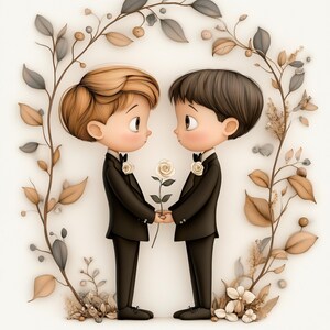 gay wedding, groom clipart, cute grooms, lgbtq couple, wedding boys, love wedding, groom tuxedo, floral frame, wedding art