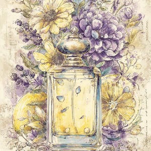 zomerparfum, bloemengeur, citrusgeur, vintage fles, pastelbloemen, romantische kunst, citroenbloemen, elegant decor, botanische geur