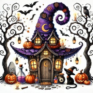 Witch hat house, Halloween cottage, spooky house art, witch home clipart, whimsical Halloween, witch village art, Halloween JPG images