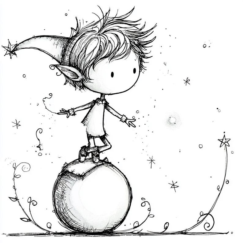 Whimsical Elf Balancing on Acorn | Ink and Watercolor Fantasy ...