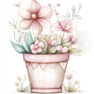 Könnte beinhalten: Aquarell-Illustration eines Blumentopfs gefüllt mit rosa Blüten und grünen Blättern. Der Topf ist hellrosa mit einem dekorativen Design. Die Blumen haben ein weiches, zartes Aussehen, mit einer großen Blüte oben.