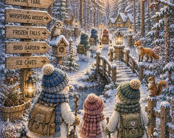 Peut inclure: Une scène hivernale avec trois bonhommes de neige portant des bonnets, des écharpes et des sacs à dos sur un chemin enneigé. Un panneau en bois indique Frostwick Nature Trail, Whispering Woods, Frozen Falls, Bird Garden et Ice Caves.
