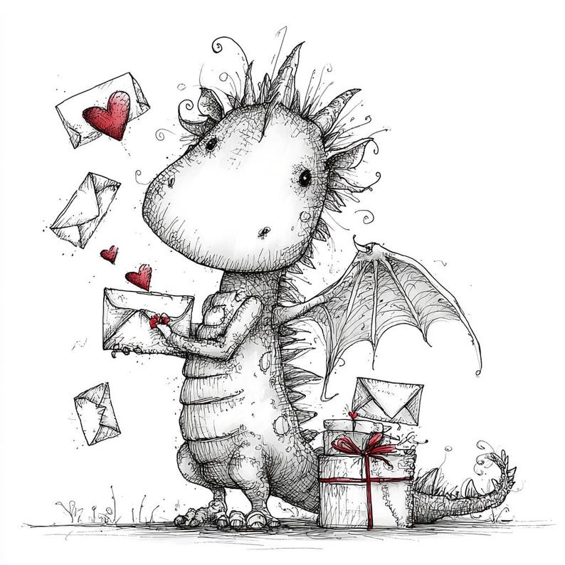 Whimsical Dragon Love Clipart Set, Hand-drawn Valentine PNG, Cute ...