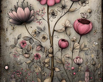 Gothic Garden Blooms, Dark Floral PNG Set, Whimsical Vintage Flowers, Moody Botanical Art, Fantasy Blooms
