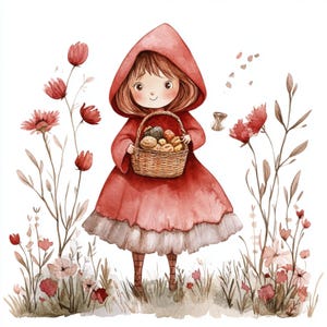 Nel cofano, Cappuccetto Rosso, arte delle fiabe, ragazza Cappuccetto Rosso, cesto di cibo, ragazza del bosco, arte delle storie per bambini, visita la nonna, il lupo cattivo,