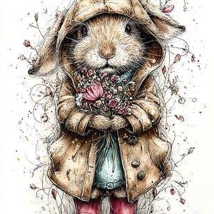 以下が含まれることがあります： ベージュのフード付きコートとピンクの長靴を履き、花のブーケを持っているウサギの水彩イラスト。ウサギは茶色の毛皮で、花のアクセントのある白い背景に描かれています。このアートワークは、気まぐれで絵本のような雰囲気を持っています。