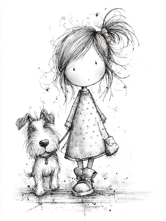 Dog Walk Girl, Girl With Dog, Whimsical Dog, Line Art Girl, Pet