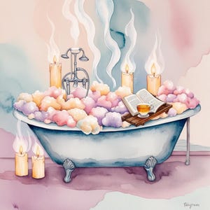 Fantaisie de l'heure du bain, clipart de bain, art de bain confortable, scène de soins personnels, art de bain aux bougies, décoration de baignoire pastel, clipart de journée de spa, ambiance de l'heure du bain, JPG