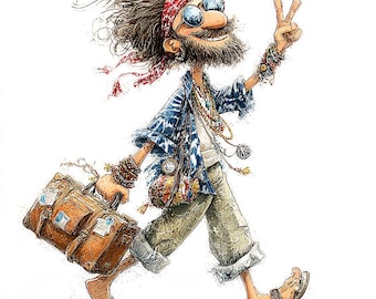 Hippie Traveler CLIPART, Boho Wanderer Illustration, Retro Peace Sign Art, Vintage Suitcase Character