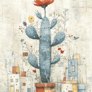 Op de afbeelding: Artistieke illustratie van een blauwe cactus met een grote oranje bloem, geplaatst in een pot in patchwork-stijl. De cactus is omgeven door kleine gebouwen en decoratieve planten, wat een grillige woestijnscène creëert.