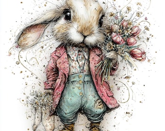 Whimsical Spring Bunny PNG Set, Floral Rabbit Clipart, Pastel Garden Animals, Romantic Easter Illustration Art