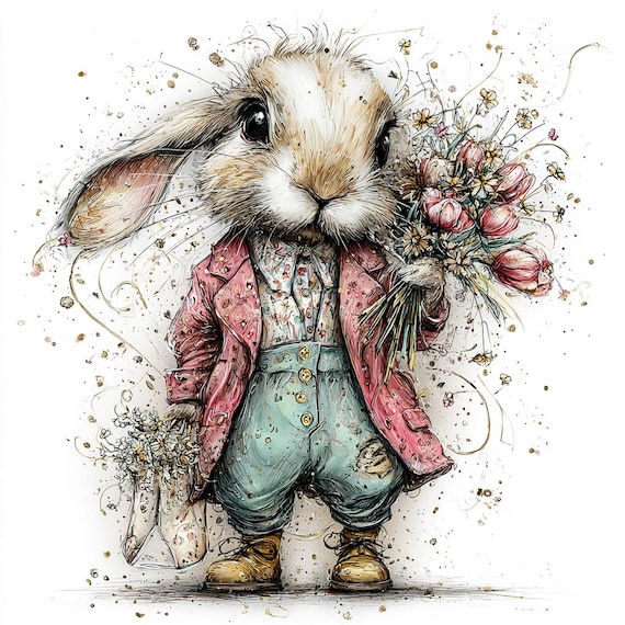 Whimsical Spring Bunny PNG Set, Floral Rabbit Clipart, Pastel