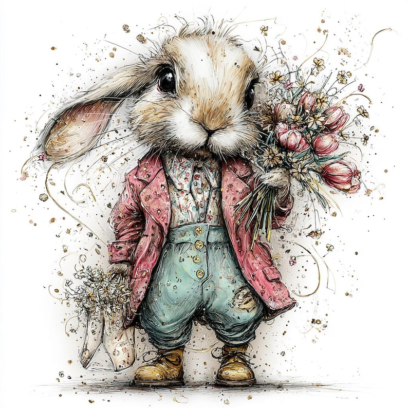 Könnte beinhalten: Aquarellillustration eines Kaninchens mit einem rosa Mantel, einem geblümten Hemd und einer tealfarbenen Hose. Das Kaninchen hält einen Strauß rosa Tulpen und einen kleinen Strauß weißer Blumen. Das Kaninchen trägt gelbe Stiefel.