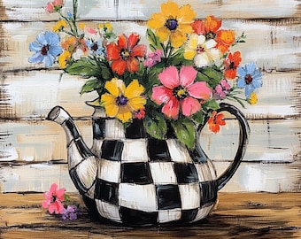 Fleurs de théière à carreaux CLIPART, composition florale de ferme rustique, art de pichet à carreaux de buffle, illustration de cuisine de campagne