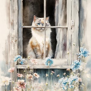 May include: Watercolor painting of a cat with blue eyes looking out a window. The cat has white and tan fur. The window is white and weathered, with flowers in shades of pink and blue in the foreground.