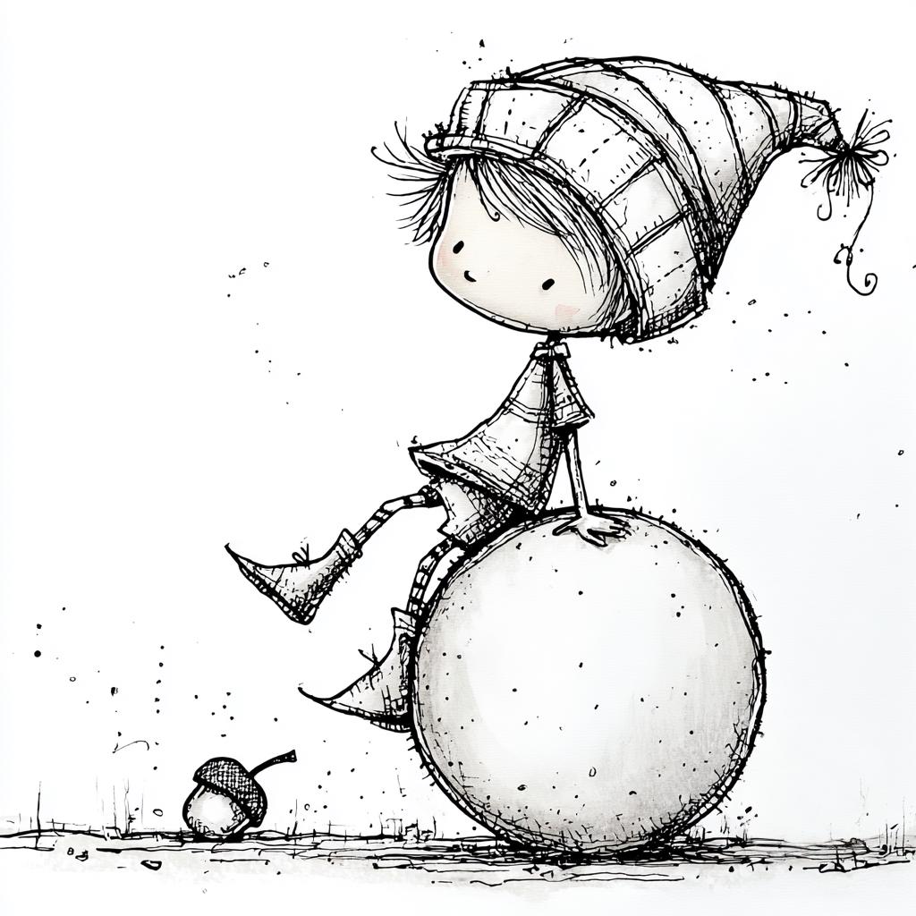 Whimsical Elf Balancing on Acorn | Ink and Watercolor Fantasy ...