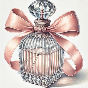 May include: A vintage-style glass perfume bottle with a delicate pink bow. The bottle has a clear glass body with a textured design and a gold-colored top. The bottle is filled with a light pink liquid.