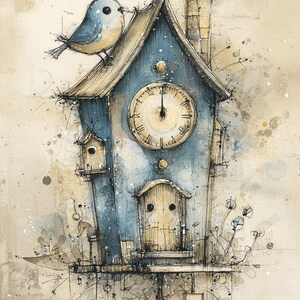 Puede incluir: Ilustración en acuarela de una caprichosa pajarera azul con una esfera de reloj. Un pequeño pájaro azul se posa en el tejado. La pajarera tiene una chimenea, una pajarera pequeña y una puerta de madera. La obra de arte es en tonos azules, beige y marrón.
