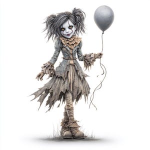 Puede incluir: Una figura de muñeca espeluznante con coletas grises, vestida con un vestido gris andrajoso y sosteniendo un globo gris. La figura tiene la piel pálida, maquillaje oscuro en los ojos y una sonrisa roja. La estética general recuerda a un personaje de película de terror.
