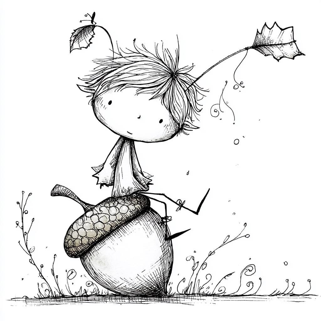 Whimsical Elf Balancing on Acorn | Ink and Watercolor Fantasy ...