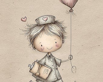 nurse art, cute nurse, caring nurse, nurse love, nurse cartoon, heart balloons, happy nurse, medical care, hospital art, 20 images