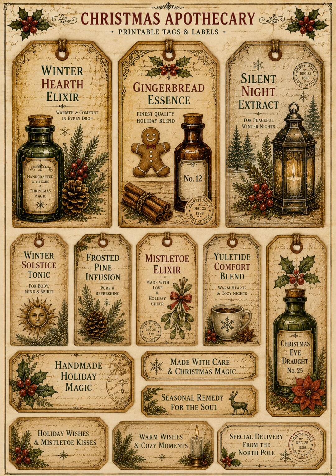 Christmas Apothecary Tags & Labels CLIPART, Victorian Holiday Gift Tags ...