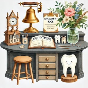 Arte de cirugía dental, clipart de signo de diente, decoración de dentista PNG, arte de consultorio dental, dentista vintage, diente de acuarela, dental caprichoso, imagen JPG