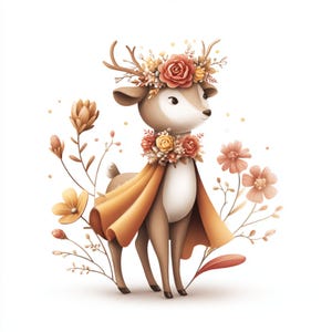 Cervo Cottagecore, Arte della foresta autunnale, Animali del bosco, Corna floreali, Clipart di un cervo carino, Autunno stravagante, Fascino rustico, Bosco accogliente