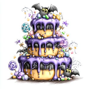 ハロウィンケーキ、コウモリケーキ、かわいいハロウィン、紫のドリップケーキ、かわいいコウモリ、トリック・オア・トリート、ハロウィンパーティー、不気味なデザート、キャンディケーキ、JPG