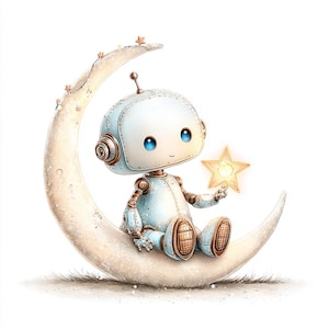Maanbot, robotster, schattige maankunst, ruimterobot, Star Holding Bot, maandromen, robotnachthemel, grillige ruimtekunst, robot op maan, robot op maan